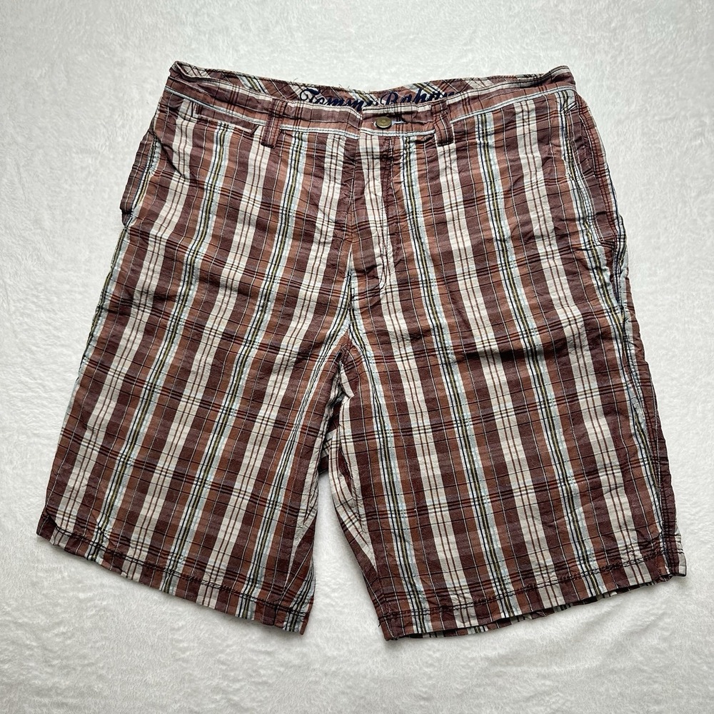 VTG Tommy Bahama Men's Linen/Silk Flat Front Shorts Brown/Teal Plaid • Size 33